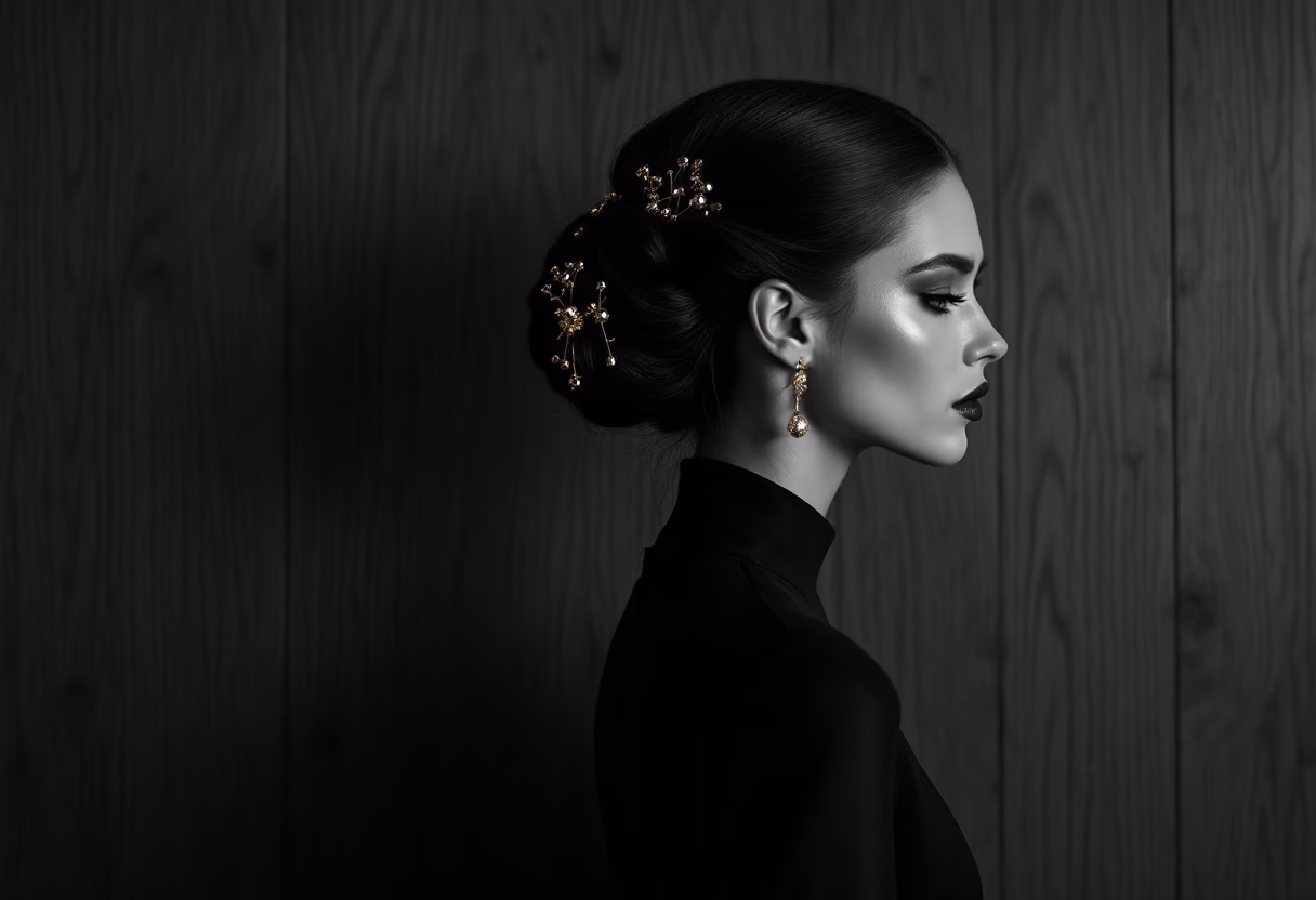 Recogido editorial con accesorios, retrato en blanco y negro.