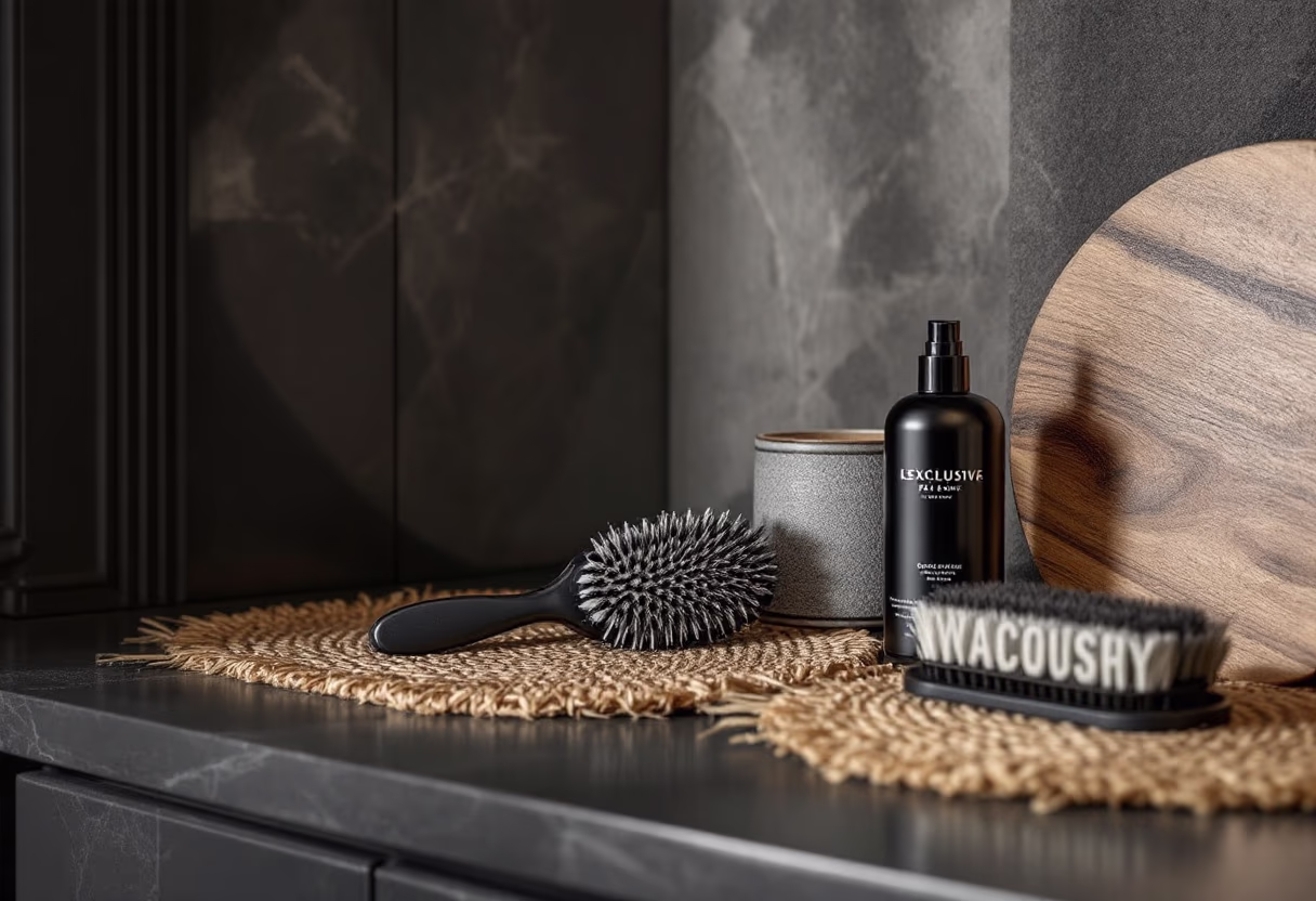 Accesorios y productos de peluquería sobre superficie de mármol oscuro.