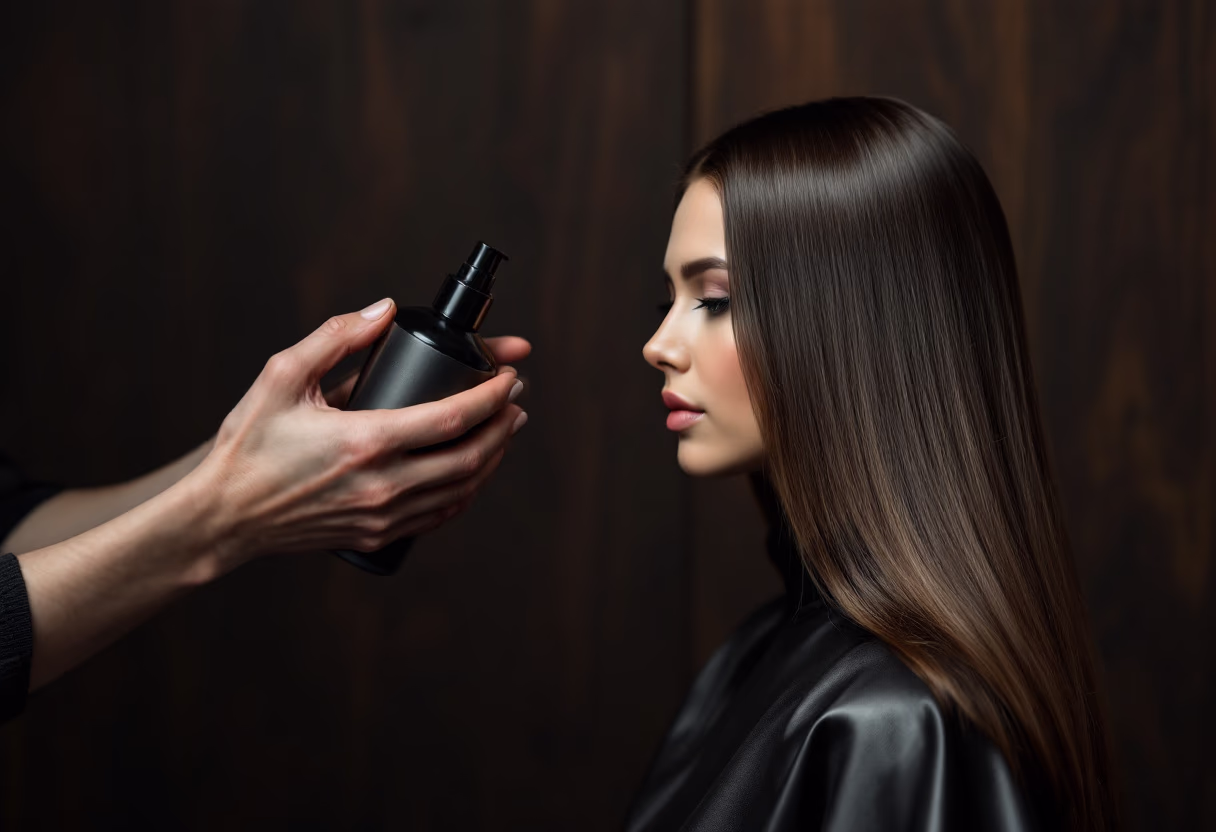 Detalle de tratamiento capilar en ambiente oscuro y cálido, propio de la zona de barbería.
