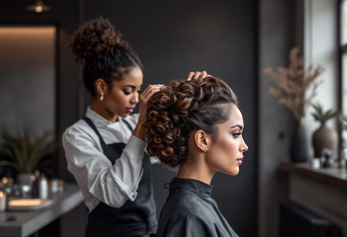 Estilista recogiendo el cabello en un peinado elaborado, trabajo de corte y peinado.