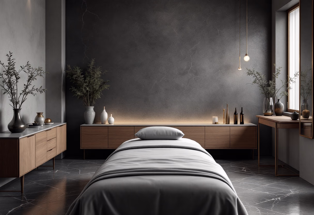 Sala de tratamiento y masaje capilar en tonos oscuros, ambiente relajado del washroom.