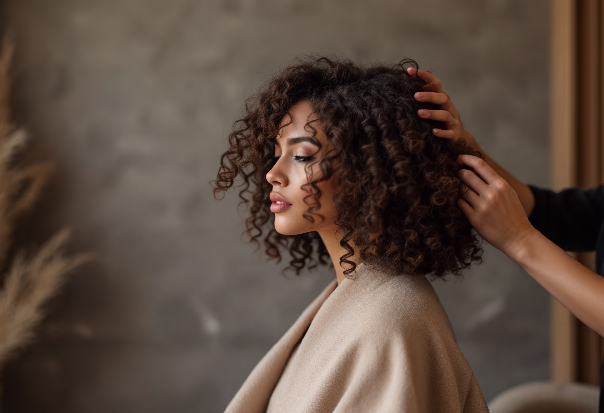 Retrato de referencia del equipo Kaizen trabajando sobre cabello rizado.