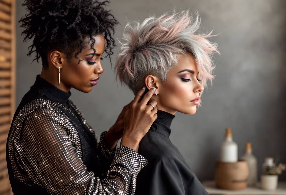 Transformación de color con mechón platino, muestra de trabajo de coloración creativa.