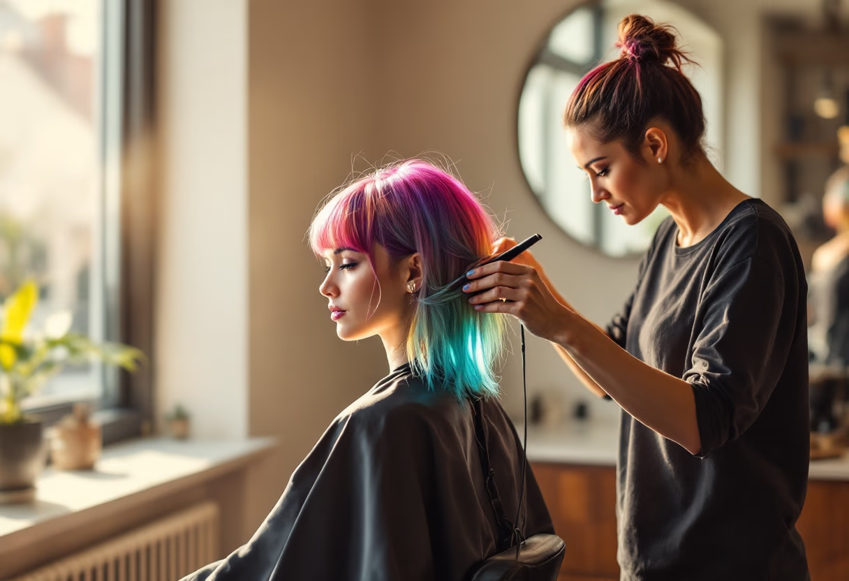 Corte con color de fantasía en tonos rosa y azul sobre raíz oscura.