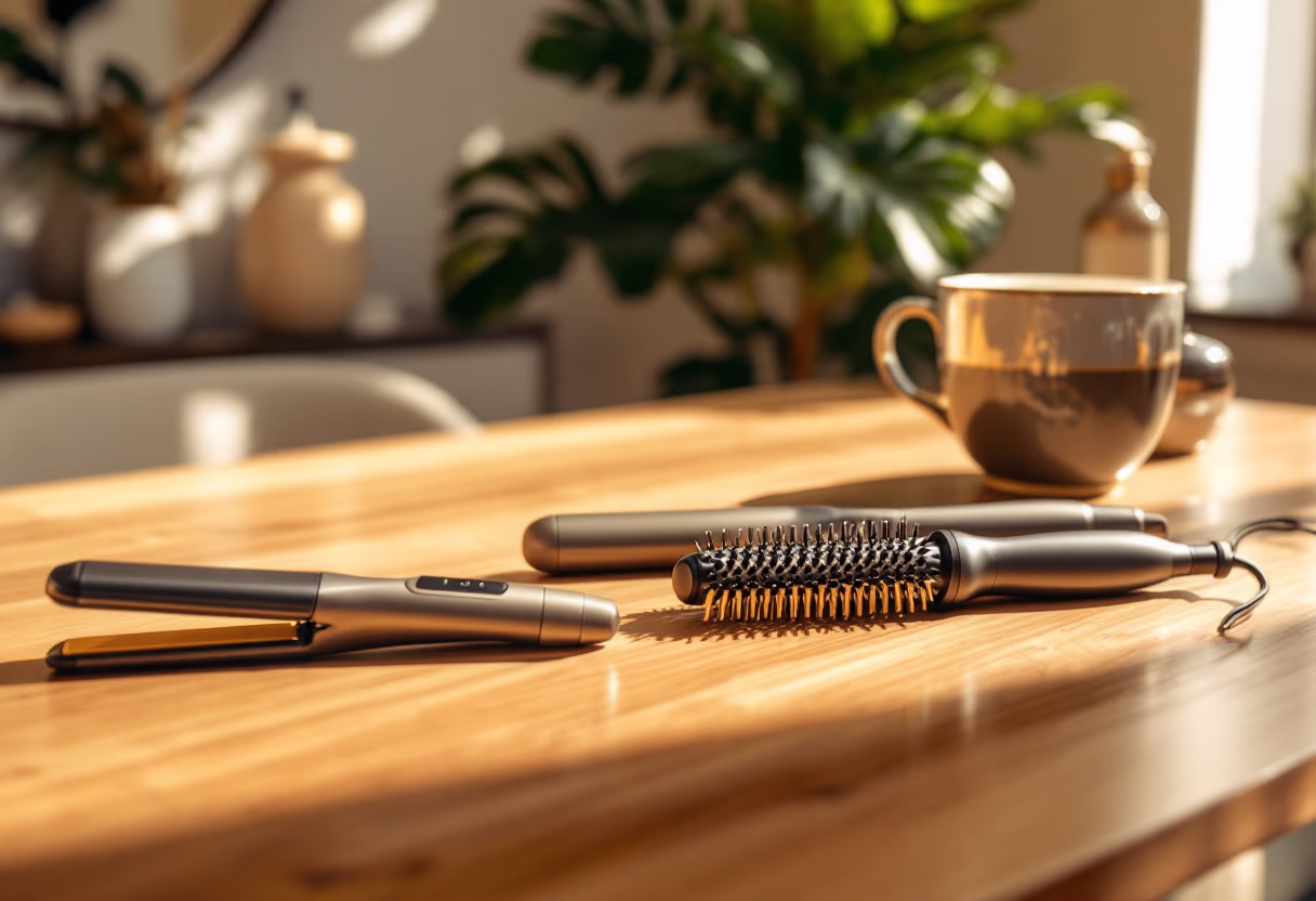Detalle de herramientas de precisión sobre mesa de madera.
